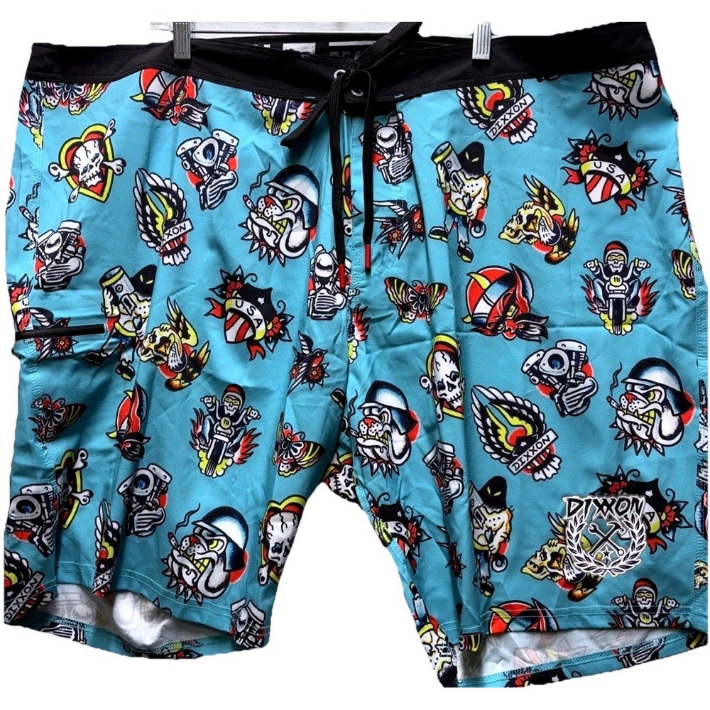 Dixxon Reaper Madness Swim Trunks Men's Size 46 Blue Moto Sailor Print